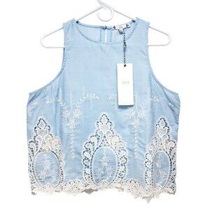 Iris Los Angeles Blue Sleeveless Crop Top With Lace Embroidery Womens Size Large